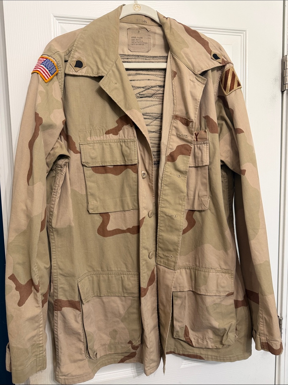 Upcycled Desert Camo Field Jacket - Tan native embroidery on the back L Ex Long